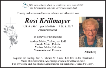 Traueranzeige von Rosi Krillmayer von Roth-Hilpoltsteiner Volkszeitung Lokal