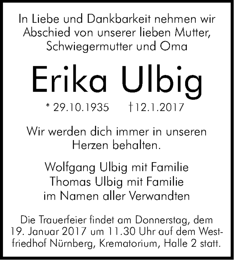  Traueranzeige für Erika Ulbig vom 17.01.2017 aus Neumarkter Nachrichten Lokal