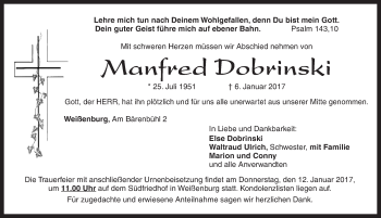 Traueranzeige von Manfred Dobrinski von Altmühl-Bote Lokal