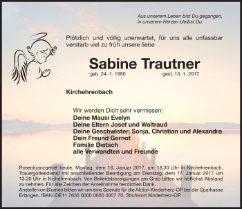 Traueranzeige von Sabine Trautner von Nordbayerische Nachrichten Forchheim Lokal