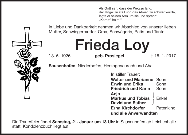  Traueranzeige für Frieda Loy vom 20.01.2017 aus Altmühl-Bote Lokal
