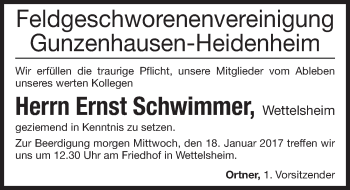 Traueranzeige von Ernst Schwimmer von Altmühl-Bote Lokal