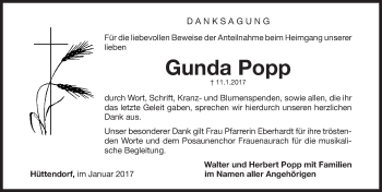 Traueranzeige von Gunda Popp von Gesamtausgabe Nürnberger Nachrichten/ Nürnberger Ztg./ Erlanger Nachrichten