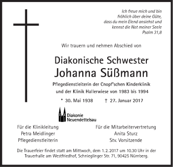 Traueranzeige von Johanna Süßmann von Gesamtausgabe Nürnberger Nachrichten/ Nürnberger Ztg.