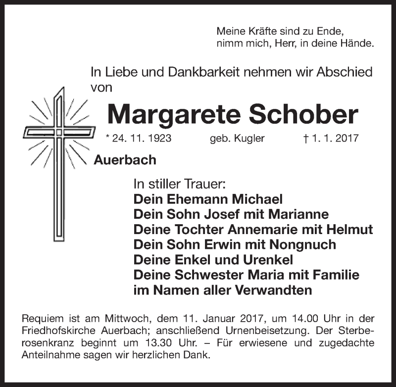  Traueranzeige für Margarete Schober vom 06.01.2017 aus Nordbayerische Nachrichten Pegnitz Lokal