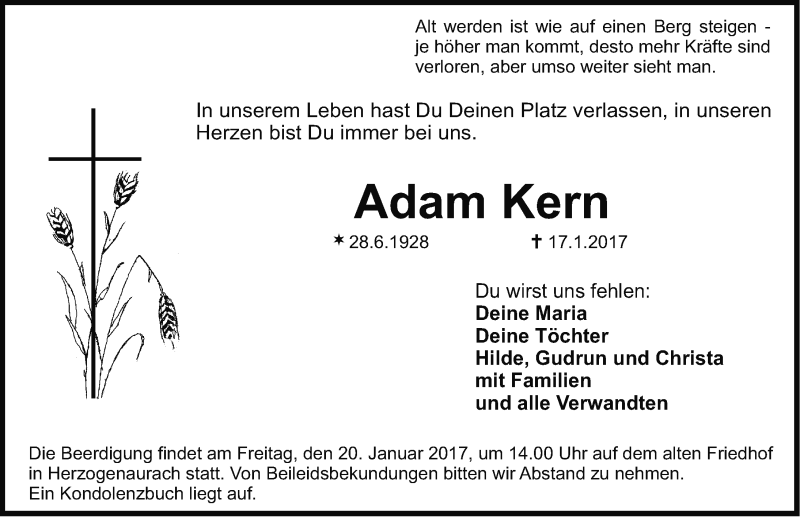  Traueranzeige für Adam Kern vom 18.01.2017 aus Nordbayerische Nachrichten Herzogenaurach Lokal