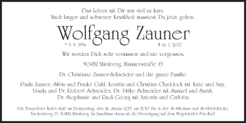 Traueranzeige von Wolfgang Zauner von Gesamtausgabe Nürnberger Nachrichten/ Nürnberger Ztg.