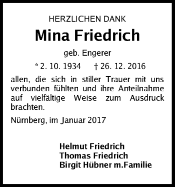 Traueranzeige von Mina Friedrich von Gesamtausgabe Nürnberger Nachrichten/ Nürnberger Ztg.