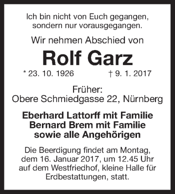 Traueranzeige von Rolf Garz von Gesamtausgabe Nürnberger Nachrichten/ Nürnberger Ztg.