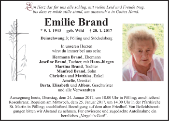 Traueranzeige von Emilie Brand von Neumarkter Nachrichten Lokal