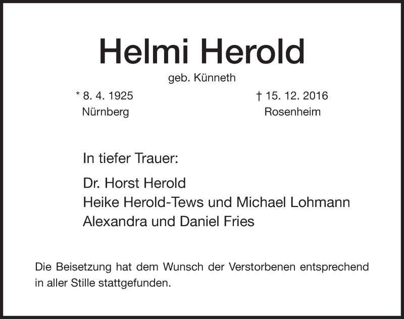 Traueranzeige für Helmi Herold vom 10.01.2017 aus Gesamtausgabe Nürnberger Nachrichten/ Nürnberger Ztg.