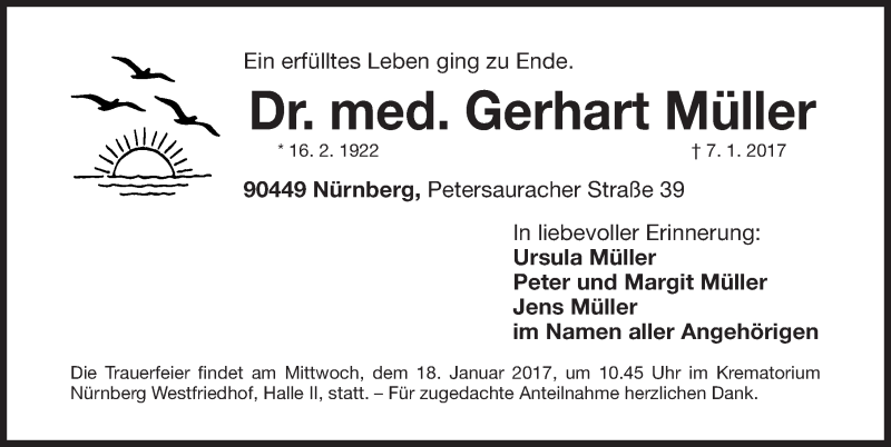  Traueranzeige für Gerhart Müller vom 14.01.2017 aus Gesamtausgabe Nürnberger Nachrichten/ Nürnberger Ztg.
