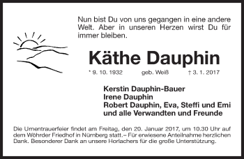 Traueranzeige von Käthe Dauphin von Gesamtausgabe Nürnberger Nachrichten/ Nürnberger Ztg.