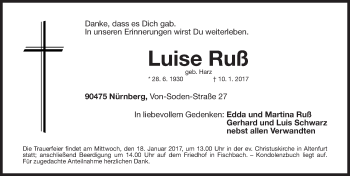 Traueranzeige von Luise Ruß von Gesamtausgabe Nürnberger Nachrichten/ Nürnberger Ztg.