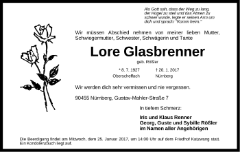 Traueranzeige von Lore Glasbrenner von Gesamtausgabe Nürnberger Nachrichten/ Nürnberger Ztg.