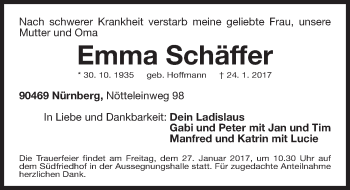 Traueranzeige von Emma Schäffer von Gesamtausgabe Nürnberger Nachrichten/ Nürnberger Ztg.