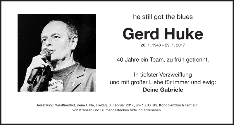  Traueranzeige für Gerd Huke vom 01.02.2017 aus Gesamtausgabe Nürnberger Nachrichten/ Nürnberger Ztg.