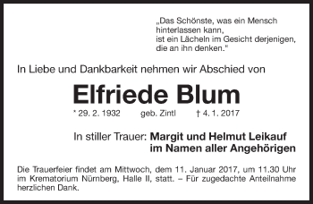 Traueranzeige von Elfriede Blum von Gesamtausgabe Nürnberger Nachrichten/ Nürnberger Ztg.