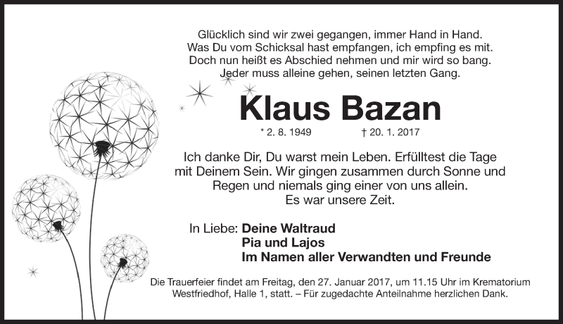  Traueranzeige für Klaus Bazan vom 25.01.2017 aus Gesamtausgabe Nürnberger Nachrichten/ Nürnberger Ztg.