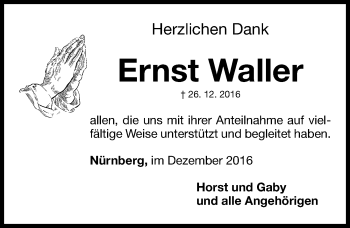 Traueranzeige von Ernst Waller von Gesamtausgabe Nürnberger Nachrichten/ Nürnberger Ztg.