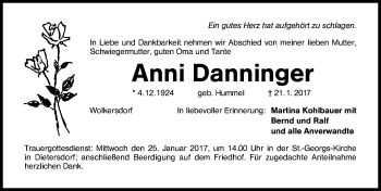 Traueranzeige von Anni Danninger von Schwabach