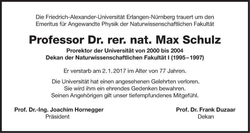  Traueranzeige für Max Schulz vom 11.01.2017 aus Gesamtausgabe Nürnberger Nachrichten/ Nürnberger Ztg.