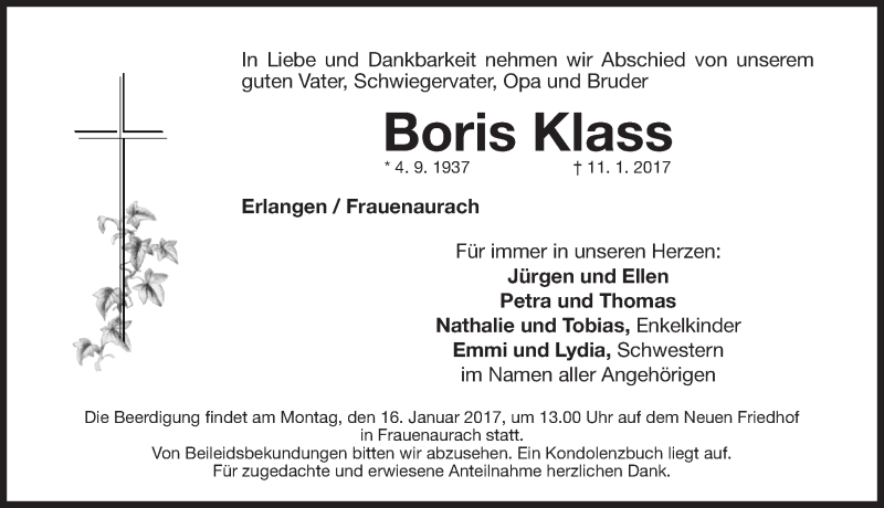  Traueranzeige für Boris Klass vom 14.01.2017 aus Erlanger Nachrichten Lokal