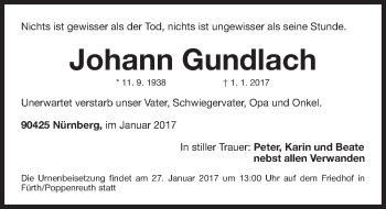 Traueranzeige von Johann Gundlach von Gesamtausgabe Nürnberger Nachrichten/ Nürnberger Ztg.