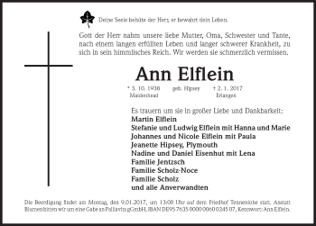 Traueranzeige von Ann Elflein von Erlanger Nachrichten Lokal