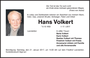 Traueranzeige von Hans Volkert von Schwabach