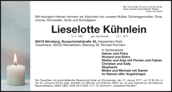 Traueranzeige von Lieselotte Kühnlein von Gesamtausgabe Nürnberger Nachrichten/ Nürnberger Ztg.