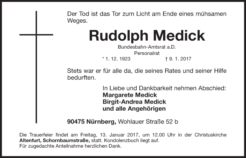  Traueranzeige für Rudolph Medick vom 12.01.2017 aus Gesamtausgabe Nürnberger Nachrichten/ Nürnberger Ztg.