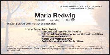 Traueranzeige von Maria Redwig von Gesamtausgabe Nürnberger Nachrichten/ Nürnberger Ztg.