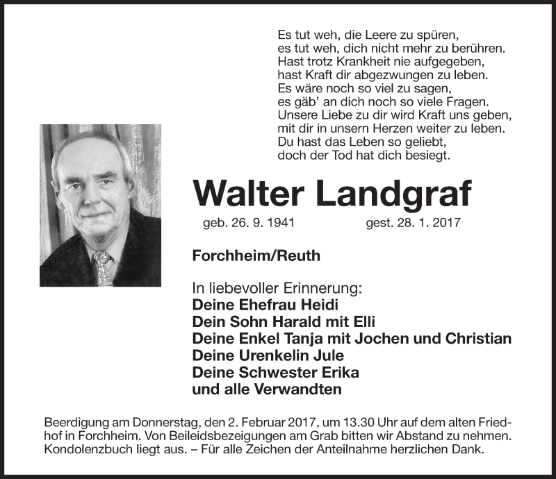  Traueranzeige für Walter Landgraf vom 31.01.2017 aus Nordbayerische Nachrichten Forchheim Lokal