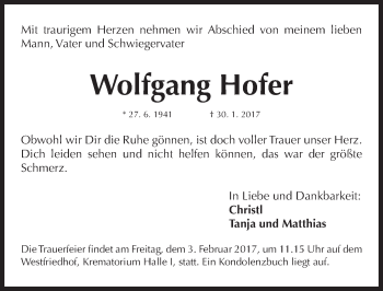 Traueranzeige von Wolfgang Hofer von Gesamtausgabe Nürnberger Nachrichten/ Nürnberger Ztg.