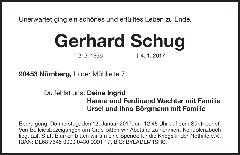  Traueranzeige für Gerhard Schug vom 10.01.2017 aus Gesamtausgabe Nürnberger Nachrichten/ Nürnberger Ztg.