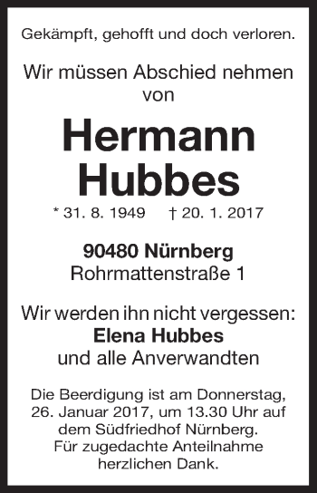 Traueranzeige von Hermann Hubbes von Gesamtausgabe Nürnberger Nachrichten/ Nürnberger Ztg.