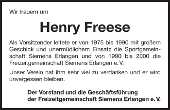 Traueranzeige von Henry Freese von Erlanger Nachrichten Lokal