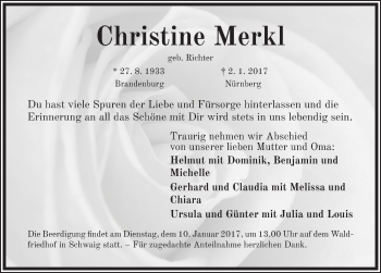 Traueranzeige von Christine Merkl von Gesamtausgabe Nürnberger Nachrichten/ Nürnberger Ztg.