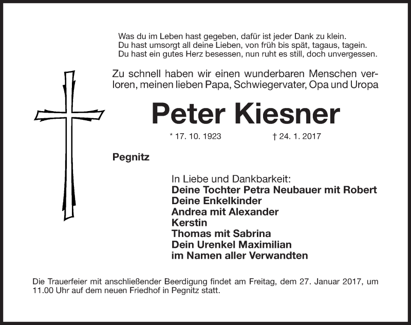  Traueranzeige für Peter Kiesner vom 25.01.2017 aus Nordbayerische Nachrichten Pegnitz Lokal