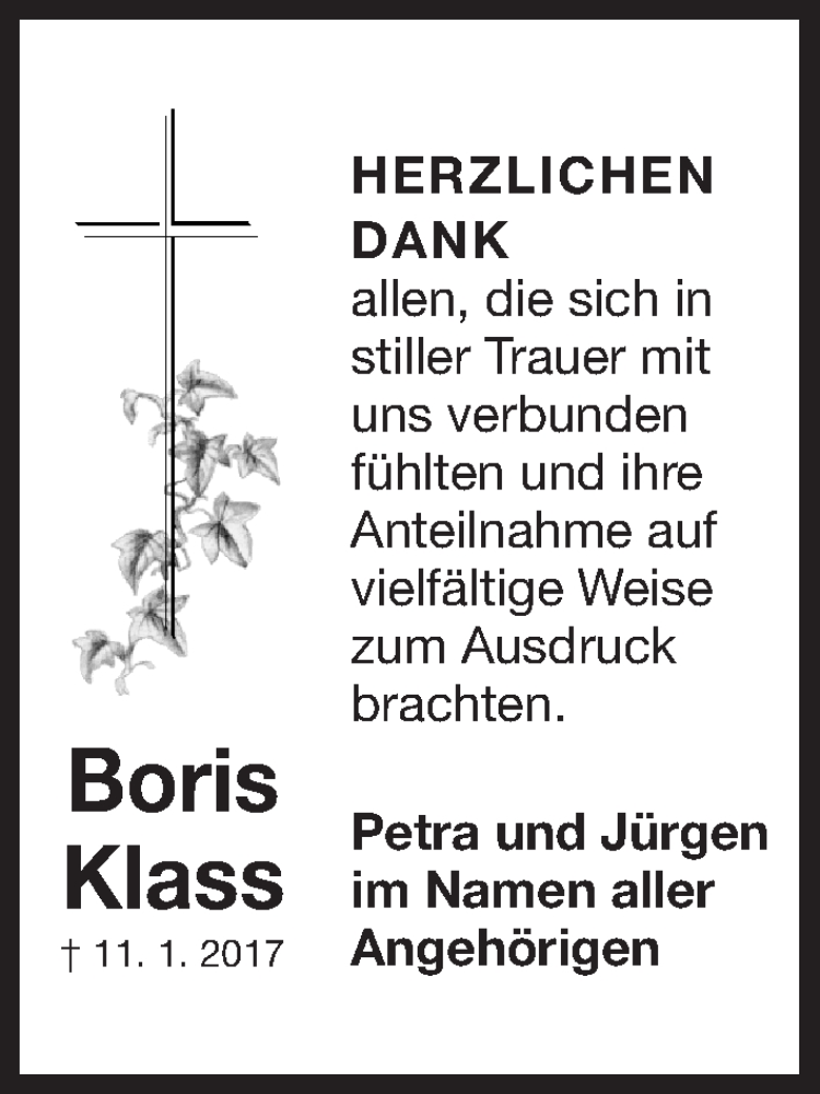  Traueranzeige für Boris Klass vom 28.01.2017 aus Erlanger Nachrichten Lokal