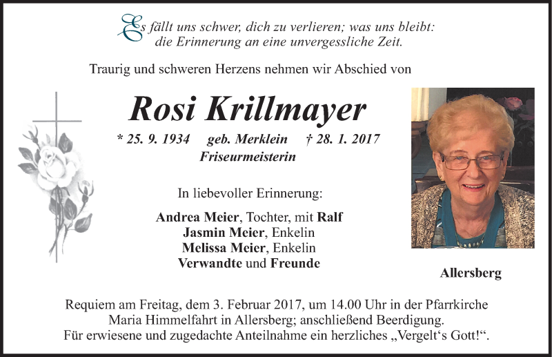  Traueranzeige für Rosi Krillmayer vom 01.02.2017 aus Roth-Hilpoltsteiner Volkszeitung Lokal