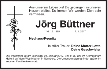 Traueranzeige von Jörg Büttner von Nordbayerische Nachrichten Pegnitz Lokal