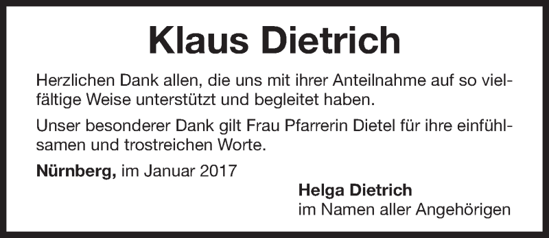  Traueranzeige für Klaus Dietrich vom 06.01.2017 aus Gesamtausgabe Nürnberger Nachrichten/ Nürnberger Ztg.
