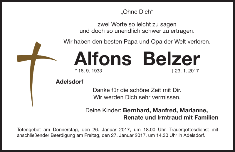  Traueranzeige für Alfons Belzer vom 25.01.2017 aus Nordbayerische Nachrichten Herzogenaurach Lokal