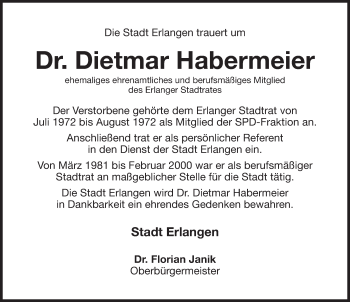 Traueranzeige von Dietmar Habermeier von Erlanger Nachrichten Lokal