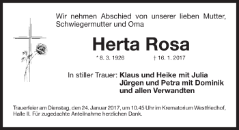 Traueranzeige von Herta Rosa von Gesamtausgabe Nürnberger Nachrichten/ Nürnberger Ztg.