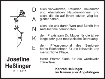 Traueranzeige von Josefine Heßlinger von Roth-Hilpoltsteiner Volkszeitung Lokal