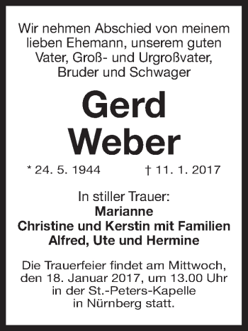 Traueranzeige von Gerd Weber von Gesamtausgabe Nürnberger Nachrichten/ Nürnberger Ztg.