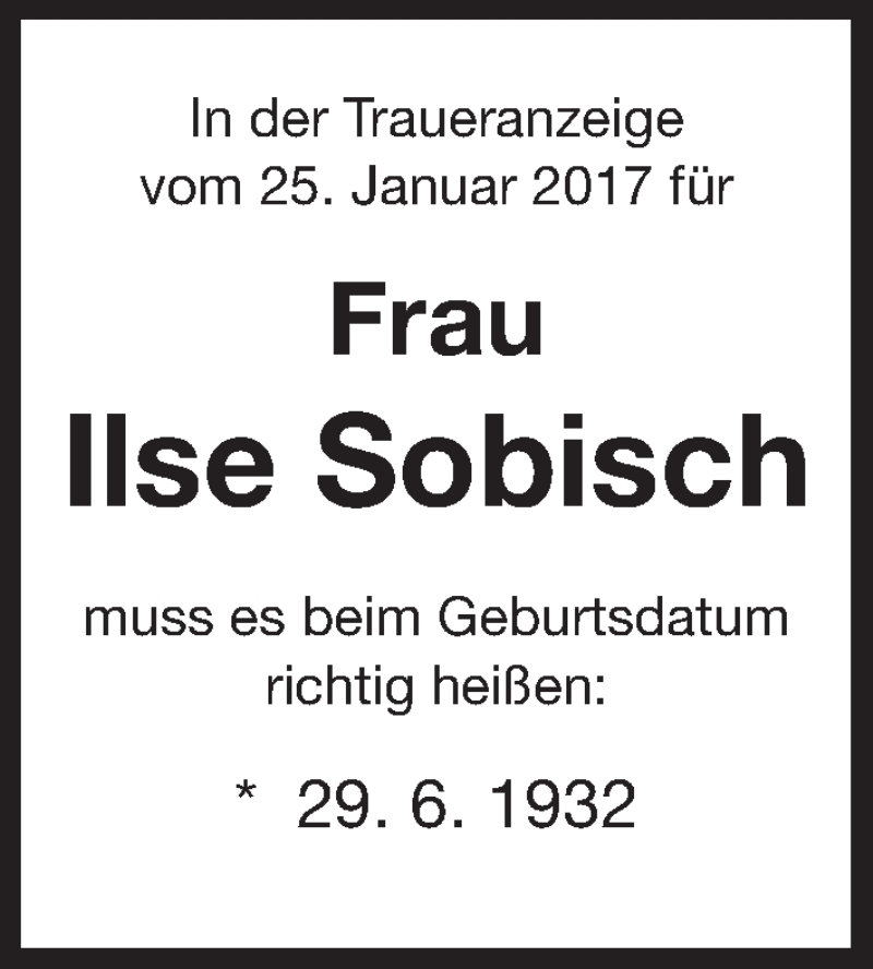  Traueranzeige für Ilse Sobisch vom 26.01.2017 aus Fürther Nachrichten Lokal